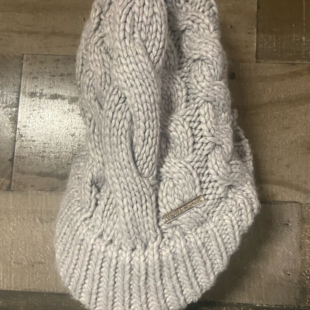 Michael Kors Cable Knit Beanie in Light Gray with Metal Logo